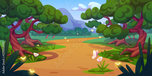 Summer mountain valley with neon flowers and butterflies. Vector cartoon illustration of beautiful green scenery with park road, trees and bushes, grass, clouds in sky, sunny spring camping site