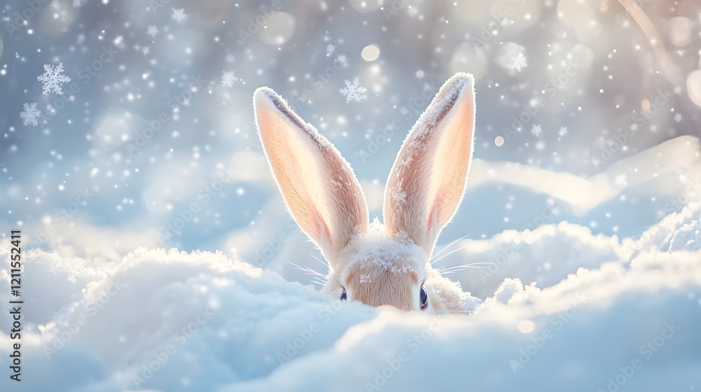 Obraz premium A Snowy Winter Rabbit Hidden In The Snow