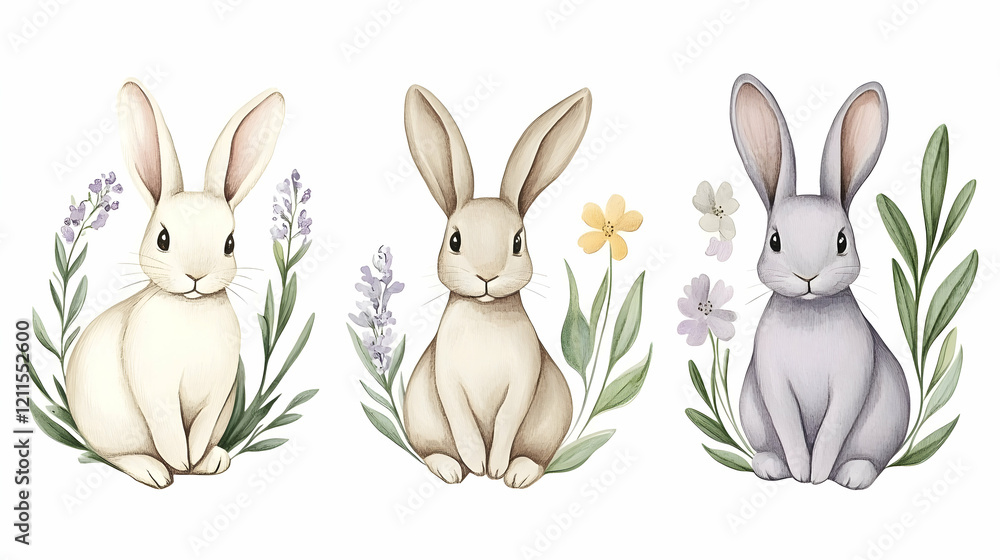 Fototapeta premium Three cute bunnies surrounded by flowers, spring illustration, perfect for greeting cards or children's books