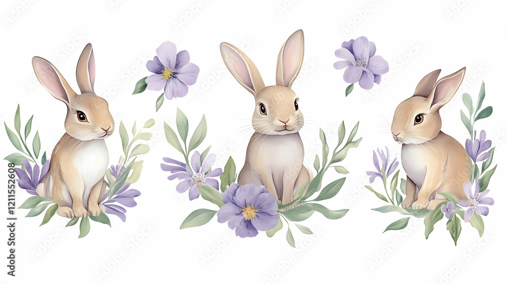 Obraz premium Three cute bunnies surrounded by purple flowers and green leaves; perfect for Easter cards or children's books