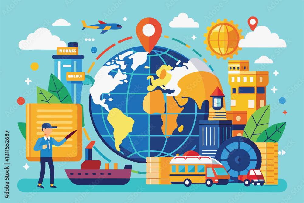 The illustration depicts global trade with transport vehicles, cargo, and a vibrant world map highlighting trade routes, International trade Customizable Flat Illustration The illustration depicts global trade with transport vehicles, cargo, and a vibrant world map highlighting trade routes, International trade Customizable Flat Illustration