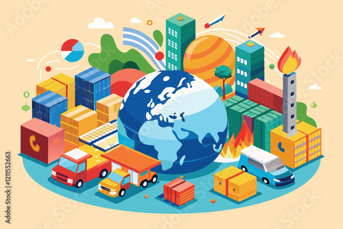 This illustration showcases international trade dynamics with shipping containers and vehicles around a globe, International trade Customizable Disproportionate Illustration