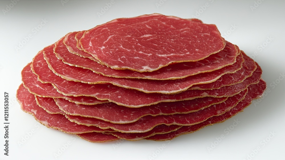 Sliced cured meat arranged in a neat stack Sliced cured meat arranged in a neat stack