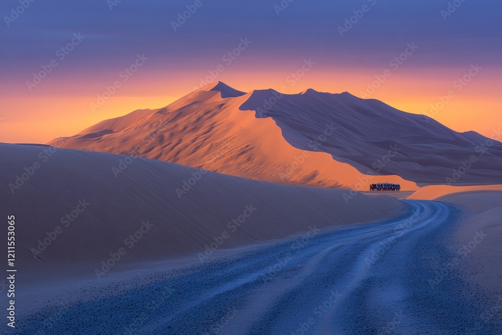Fototapeta premium Sunset desert landscape, dune road, camel caravan.