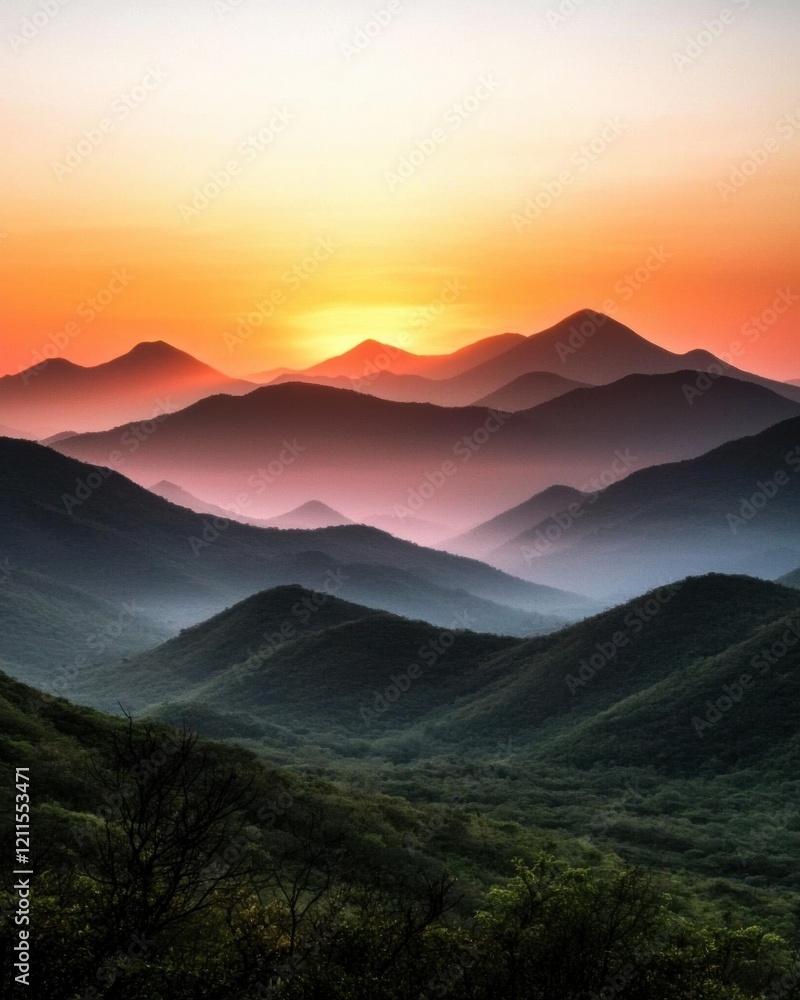 Obraz premium A breathtaking sunset over misty mountains, showcasing layered hills and a vibrant sky painted in hues of orange and purple.