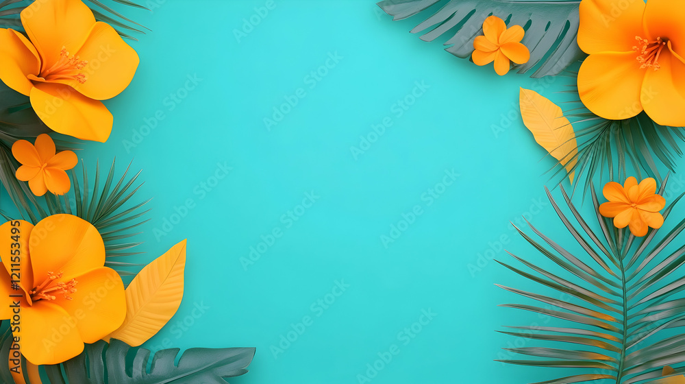 Fototapeta premium Tropical flowers frame teal background, summer design, website banner, greeting card