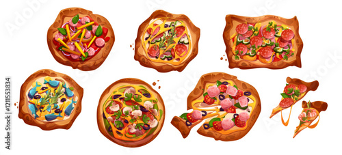 Appetizing pizza set isolated on white. Vector cartoon illustration of homemade or restaurant baked traditional Italian food, dough base with sauce, cheese, tomato, pepper, mushrooms, salami, seafood