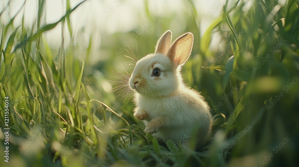 Fototapeta premium A fluffy white rabbit sits in tall grass with sunlight gently lighting it