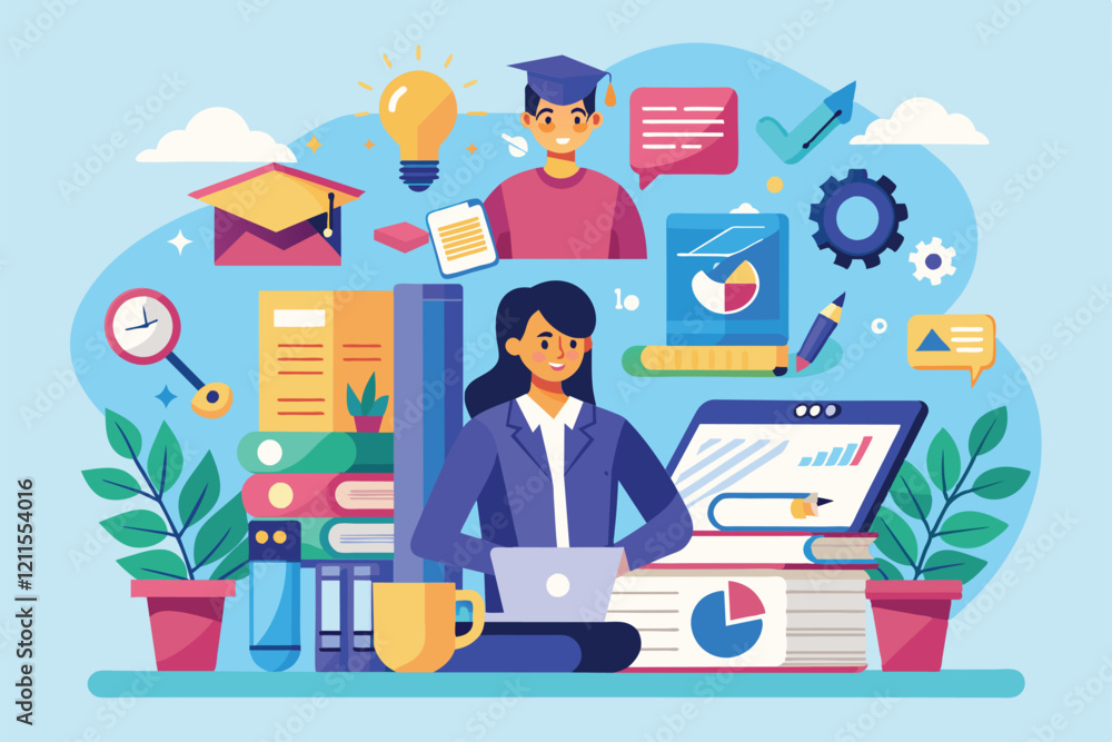 A student studies in a vibrant workspace filled with tools of success and creativity, Internship Customizable Flat Illustration A student studies in a vibrant workspace filled with tools of success and creativity, Internship Customizable Flat Illustration
