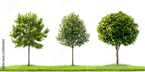 Fototapeta Naklejka Na Ścianę i Meble -  Lush green trees in various shapes on grassy landscape create serene atmosphere