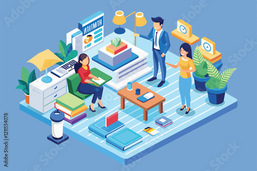 Two professionals engage in discussion in a well-organized internship workspace featuring plants and office supplies, Internship Customizable Isometric Illustration