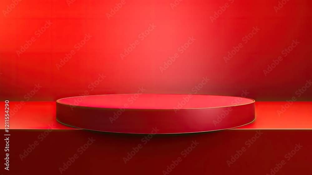 A smooth red circular platform against a vibrant red background, ideal for presentations or displays. A smooth red circular platform against a vibrant red background, ideal for presentations or displays.