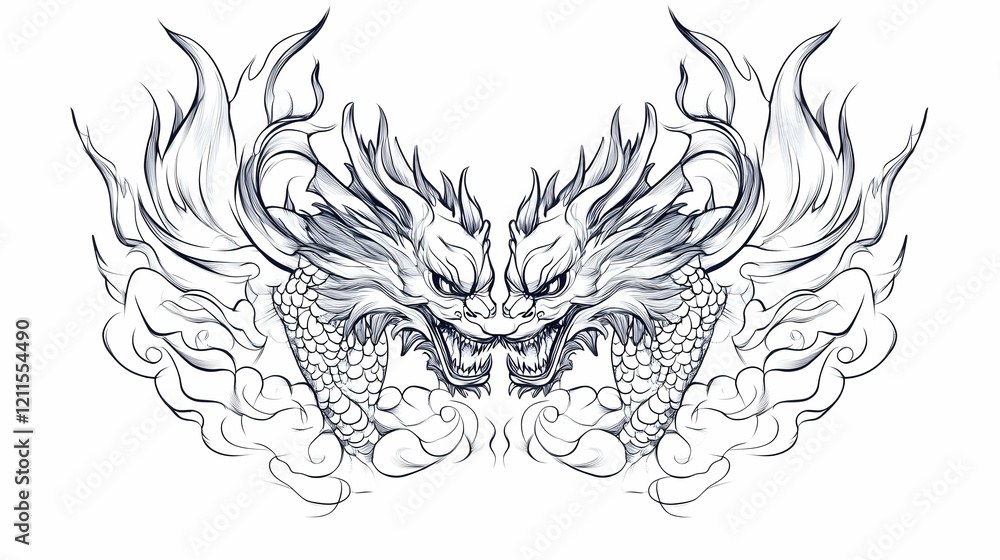 Fototapeta premium Two majestic dragons facing each other, amidst swirling clouds; ideal for tattoo design or fantasy art