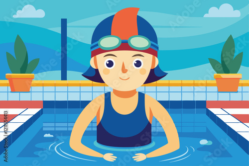 A young swimmer relaxes in the pool, wearing goggles and a cap, surrounded by vibrant scenery In the pool Customizable Cartoon Illustration