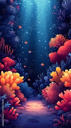 Game level. Cartoon underwater landscape with seaweed, corals, bioluminescent plankton, glowing air bubles. Game mock up image faitytale magic under water background with, corals, shells, blue water photo