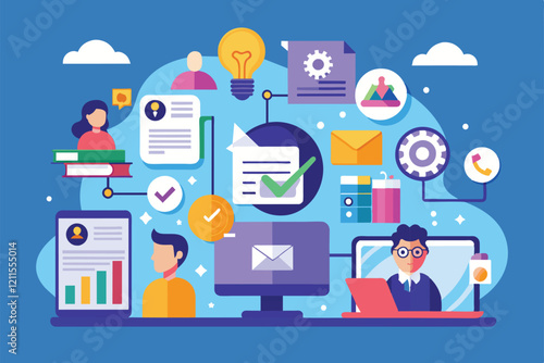 Users engage with a customizable intranet featuring various tools, documents, and communication options, Intranet Customizable Flat Illustration