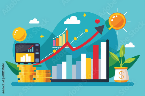 This graphic showcases investing profits through dynamic charts and stacks of coins under a bright, engaging setting, Investing and getting profit concept