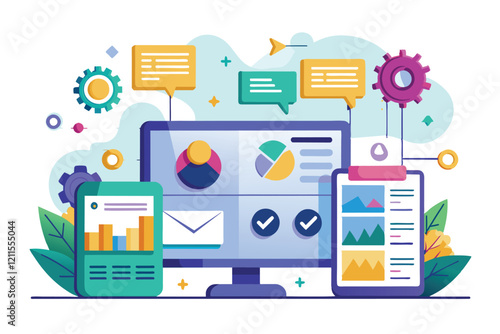 A customizable intranet dashboard showcases interactive charts, user profiles, and notifications for efficient teamwork, Intranet Customizable Semi Flat Illustration