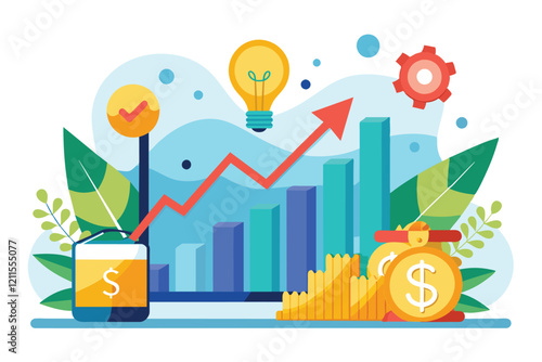 A colorful graphic shows a rising profit chart, coins, and lightbulbs symbolizing investment opportunities and growth, Investing and getting profit concept