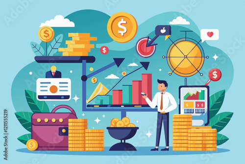 A professional explains investment concepts using vibrant graphics and symbols in a creative financial illustration, Investing Customizable Disproportionate Illustration