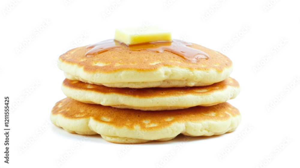 Stack of three fluffy pancakes topped with melting butter and drizzled with syrup, isolated on white background, breakfast or brunch photography, delicious homemade food Stack of three fluffy pancakes topped with melting butter and drizzled with syrup, isolated on white background, breakfast or brunch photography, delicious homemade food