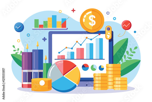 This visual depicts customizable investment data features along with charts, financial symbols, and currency elements, Investment data Customizable Disproportionate Illustration