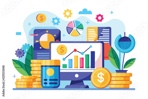 Financial data visualization with charts and coins, showcasing customizable investment metrics and trends for analysis, Investment data Customizable Flat Illustration