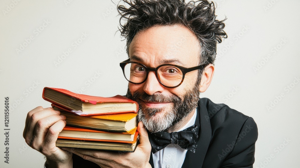 Excited reader holding bunch of books studio portrait creative space close-up passion for literature Excited reader holding bunch of books studio portrait creative space close-up passion for literature