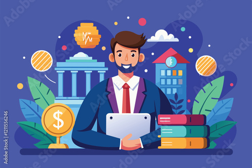 A professional displays a tablet for an investor presentation with financial symbols and books in a colorful background, Investor presentation Customizable Semi Flat Illustration