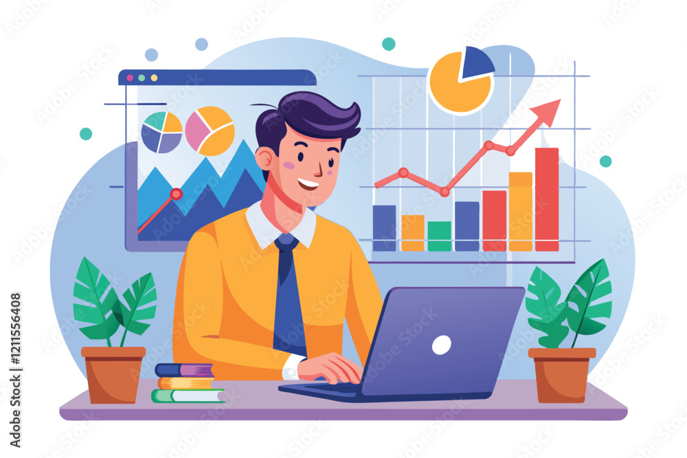 An investor reviews financial growth trends on a laptop in a contemporary workspace with plants and charts, investor with laptop monitoring growth analyzing profit graph,stock trading investment An investor reviews financial growth trends on a laptop in a contemporary workspace with plants and charts, investor with laptop monitoring growth analyzing profit graph,stock trading investment