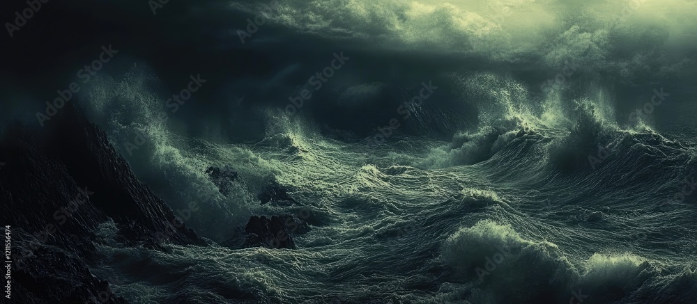 Dramatic seascape with turbulent teal waves crashing against dark rocks under an ominous grey sky creating a powerful and intense atmosphere Dramatic seascape with turbulent teal waves crashing against dark rocks under an ominous grey sky creating a powerful and intense atmosphere