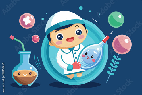 A happy character in a lab coat holds a test tube and a fertilized egg, showcasing the IVF process In vitro fertilization Customizable Cartoon Illustration