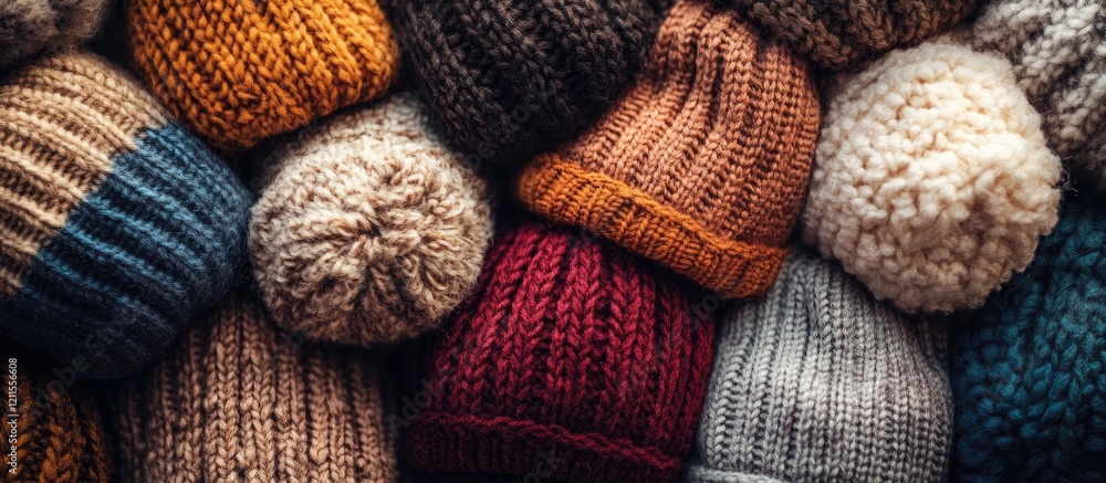 Cozy collection of folded winter knit hats in earthy tones of brown, red, cream, and blue creating a warm rustic aesthetic with varied textures Cozy collection of folded winter knit hats in earthy tones of brown, red, cream, and blue creating a warm rustic aesthetic with varied textures