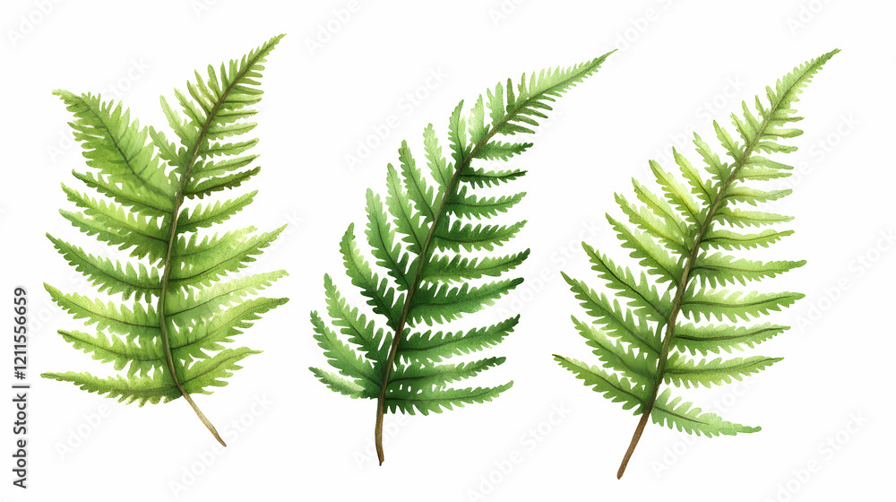 Naklejka premium Watercolor painting of three fern fronds on white background; ideal for nature-themed designs