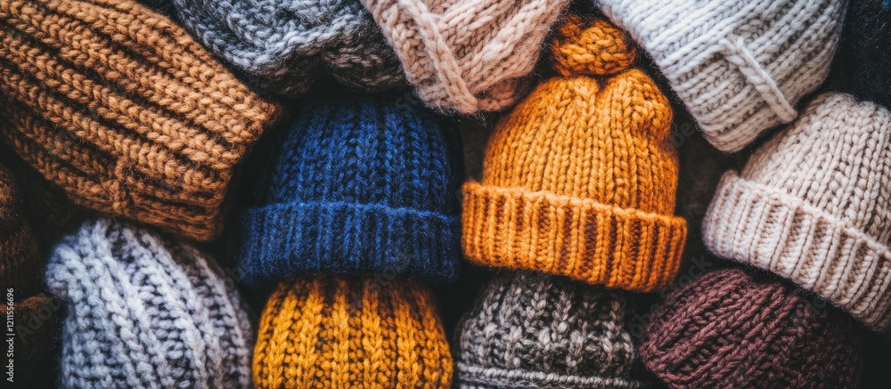 A collection of cozy textured knit hats in warm hues of gray, orange, blue, and brown tightly arranged showcasing a rustic winter aesthetic A collection of cozy textured knit hats in warm hues of gray, orange, blue, and brown tightly arranged showcasing a rustic winter aesthetic