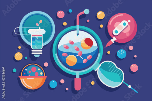 Illustrates various aspects of in vitro fertilization methods and tools within a laboratory context In vitro fertilization Customizable Flat Illustration