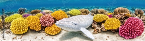 Underwater Scene Featuring a Majestic White Whale Surrounded by Vibrant Coral Reefs in Clear Blue Ocean Water with Lively Marine Life photo