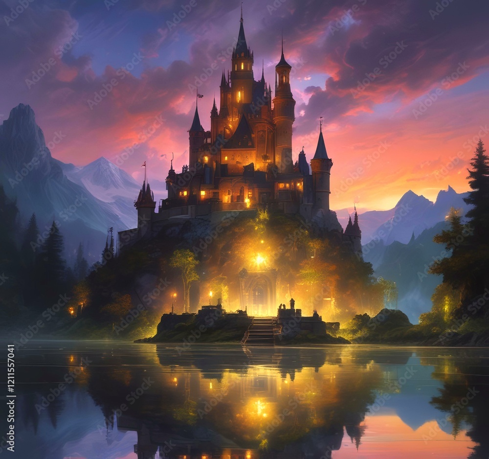 Naklejka premium Illustration of glowing mystery tower castle in night.