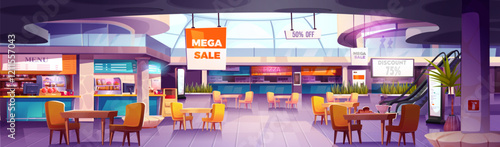 Mall food court with restaurant counters, dining area and promotional banners. Shopping center cafeteria with pizza stall, menu displays, chairs and tables, decorative plants and escalator in hall.
