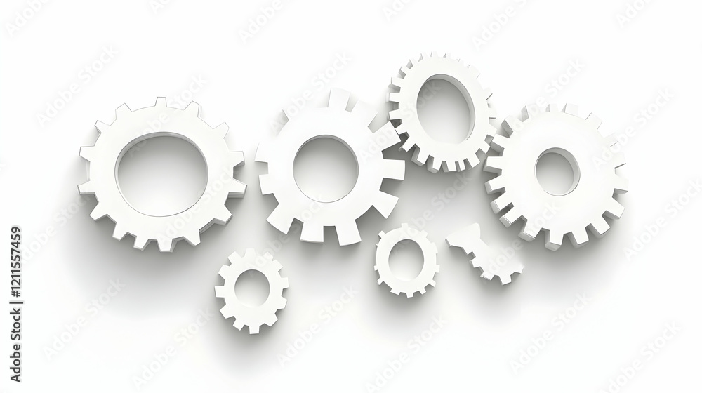 White gears interlock on white background; teamwork, collaboration, mechanism concept; website banner White gears interlock on white background; teamwork, collaboration, mechanism concept; website banner
