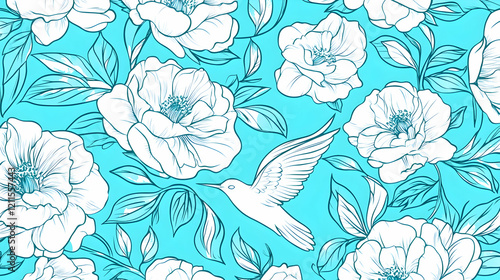 White flowers, bird in flight, turquoise background, seamless pattern, textile design