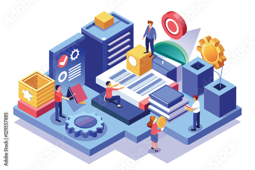 A colorful isometric illustration depicts various activities related to ISO certification in an office environment, Iso certification Customizable Isometric Illustration