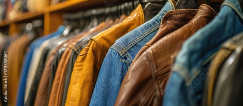 Stylish leather jackets and blue jeans displayed prominently on hangers in a modern urban western wear clothing store with warm wood tones.