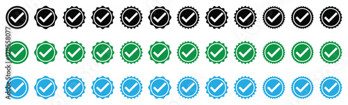 Verify badges. Verified badge profile set. Social media account verification icons. check mark on black and green and blue. Guaranteed signs. Verified symbol. Confirmed account icon. Verified account