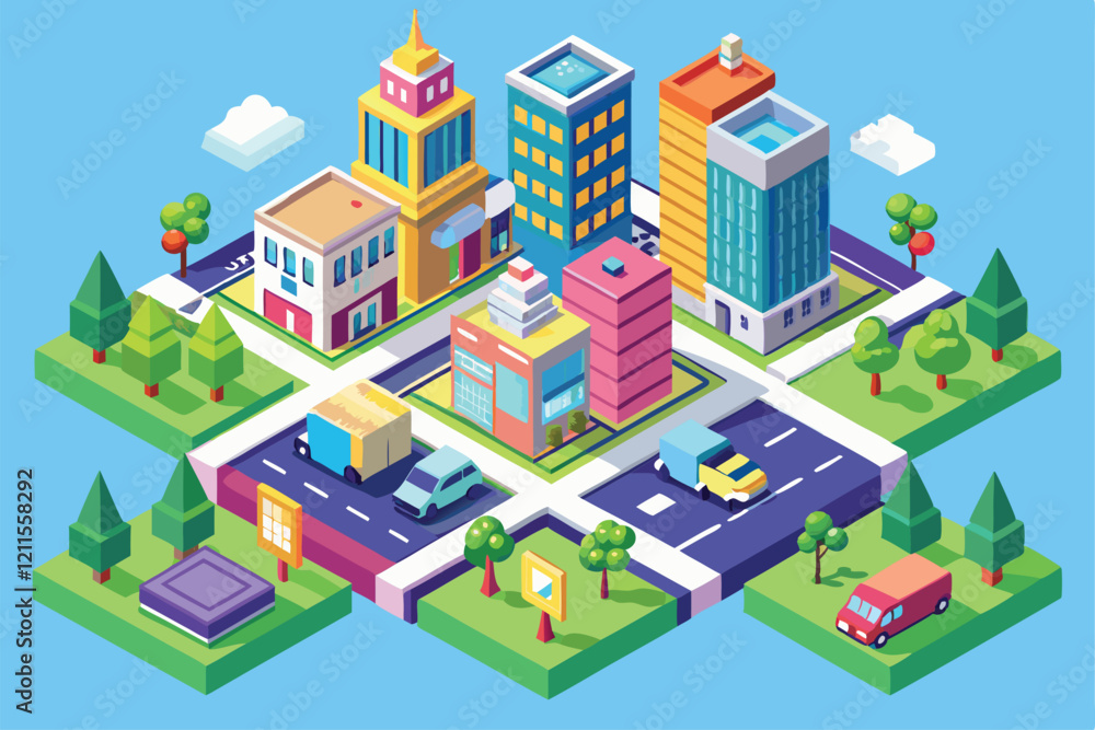 A vibrant isometric city with multiple buildings, roads, and vehicles surrounded by greenery and clouds, isometric city and road flat design A vibrant isometric city with multiple buildings, roads, and vehicles surrounded by greenery and clouds, isometric city and road flat design