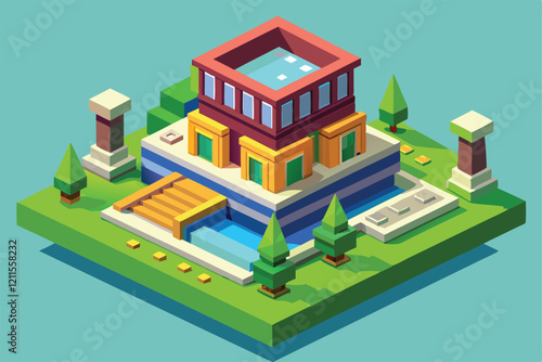 A colorful structure features a rooftop pool, garden, and steps leading to water in a vibrant, peaceful setting, Isometric 3d vector illustration