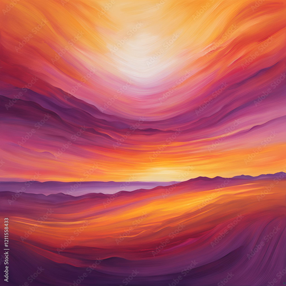Fototapeta premium A stunning abstract landscape featuring warm hues of orange, purple, and pink that blend seamlessly, evoking the feeling of a vibrant sunset or dawn over rolling hills and a calm horizon.