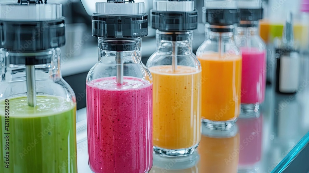 Food automation idea. Colorful smoothies in clear bottles, showcasing fresh fruit and vibrant flavors. Food automation idea. Colorful smoothies in clear bottles, showcasing fresh fruit and vibrant flavors.