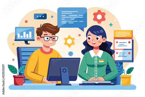 An IT specialist and a programmer engage in a discussion about coding while working together at a computer, IT specialist and programmer,