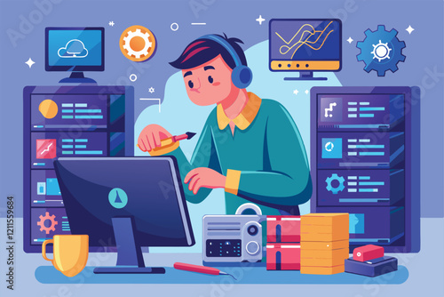 A technician is actively troubleshooting and repairing computer software at a desk filled with tech equipment, IT support is repairing the computer software installation process